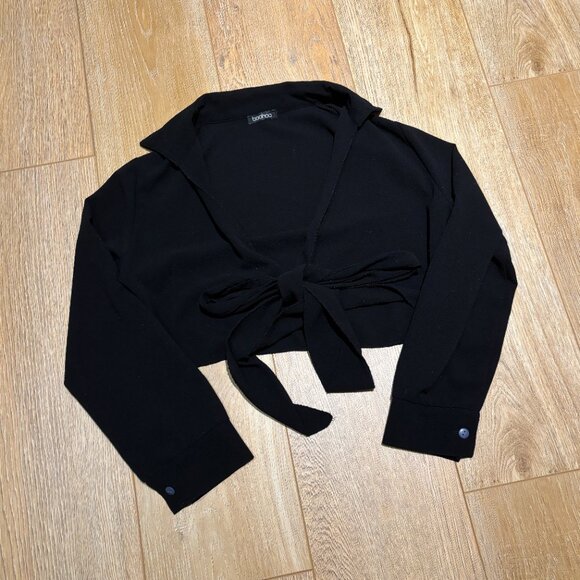 Boohoo BLACK TIE FRONT PLUNGE SHIRT Wrap top Small - Picture 3 of 4